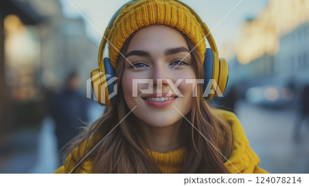 Smiling woman enjoying music with headphones (AI generated image) 124078214