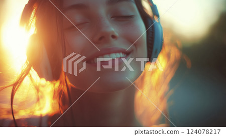 微笑的女人戴著耳機欣賞音樂（AI 生成的圖像） 124078217