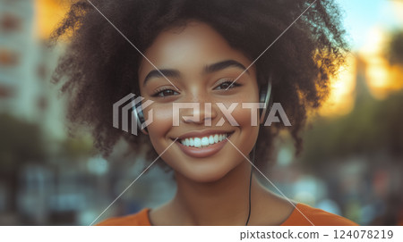 Smiling woman enjoying music with headphones (AI generated image) 124078219