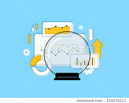 Predictive data analytics uses big data, AI and machine learning to forecast trends, optimize decision-making. Data-driven insights, predictive modeling and business intelligence vector illustration 124078222