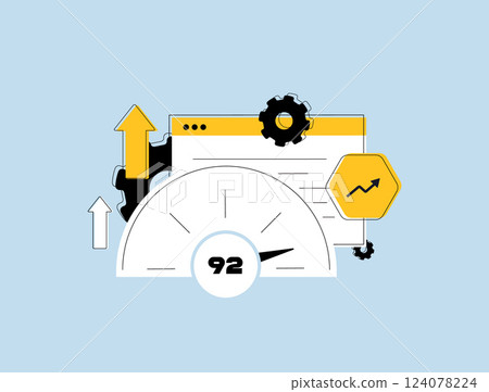 Website speed test with performance optimization, fast loading speed, and responsive web pages. Analyze website speed for user experience and SEO ranking. Isolated vector illustration with icons Website speed test with performance optimization, fast loading speed, and responsive web pages. Analyze website speed for user experience and SEO ranking. Isolated vector illustration with icons 124078224