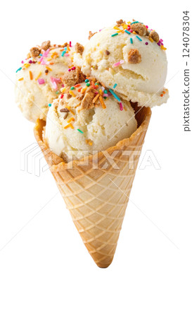 Birthday Cake Ice Cream Scoop in a Waffle Cone 124078304