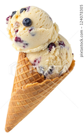 Blueberry muffin ice cream in a waffle cone 124078305