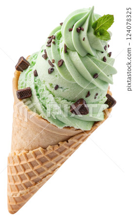 Mint chocolate chip ice cream in a waffle cone 124078325