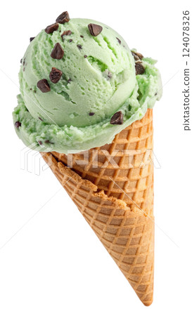 Mint chocolate chip ice cream scoop in a waffle cone 124078326