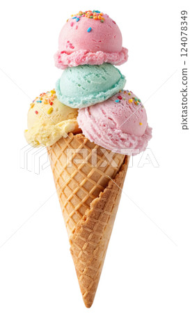 Stacked neapolitan ice cream scoops in a cone 124078349