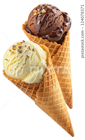 Two scoops of chocolate and vanilla ice cream in a waffle cone 124078371
