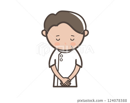 Upper body illustration of a male massage therapist bowing his head and apologizing 124078388