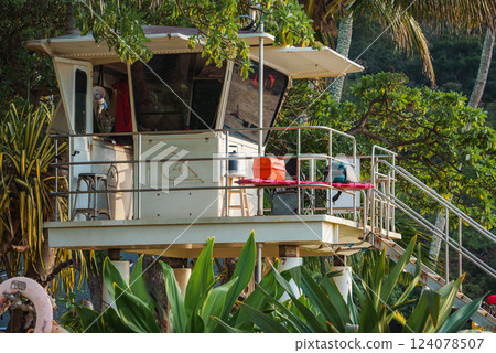 Elevated lifeguard tower with white exterior, surrounded by palm trees and dense greenery, suggesting a coastal setting on Oahu or Kauai. 124078507