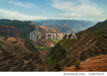 View of Waimea Canyon on Kauai, Hawaii, featuring red cliffs, green valleys, a winding stream, and layered rock formations under a clear blue sky. View of Waimea Canyon on Kauai, Hawaii, featuring red cliffs, green valleys, a winding stream, and layered rock formations under a clear blue sky. 124078525