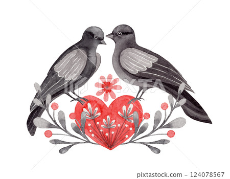 Dove couple arrangement with heart in folk style. Stylized illustration in red and gray colors for wedding invitation creating. Hand drawn composition is perfect for romantic and love designs. Dove couple arrangement with heart in folk style. Stylized illustration in red and gray colors for wedding invitation creating. Hand drawn composition is perfect for romantic and love designs. 124078567