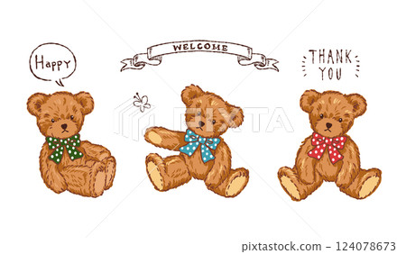 Illustration of a row of teddy bears wearing polka dot ribbons 124078673