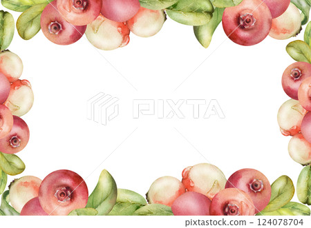 Lingonberry cranberry with green leaves, water dew drops, hand drawn in watercolor, ripe forest berry bearberry teaberry wintergreen. Isolated border corner frame. Dessert cafe menu, farmers market 124078704