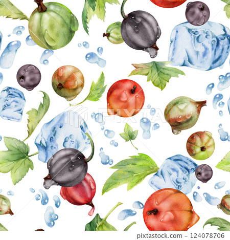 Currant gooseberry flying in water splash with green leaves, ice cubes, dew drops, ripe garden juneberry casseille jostaberry. Isolated seamless pattern hand drawn in watercolor. Craft drinks, grocery Currant gooseberry flying in water splash with green leaves, ice cubes, dew drops, ripe garden juneberry casseille jostaberry. Isolated seamless pattern hand drawn in watercolor. Craft drinks, grocery 124078706