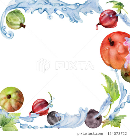 Currant gooseberry flying in water splash with green leaves, dew drops, ripe garden berry juneberry casseille jostaberry hand drawn in watercolor. Isolated border corner square frame. Drink packaging Currant gooseberry flying in water splash with green leaves, dew drops, ripe garden berry juneberry casseille jostaberry hand drawn in watercolor. Isolated border corner square frame. Drink packaging 124078722