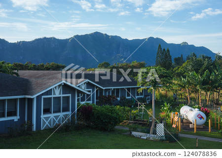 Blue painted cottages sit amidst banana trees and tropical plants, with the Napali cliffs rising dramatically under a partly cloudy sky in Kauai, Hawaii. 124078836
