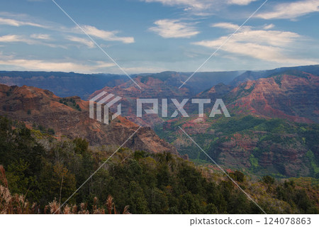 View of Waimea Canyon's layered red and green cliffs with lush vegetation, rugged terrain, and a partly cloudy blue sky on Kauai Island, Hawaii. View of Waimea Canyon's layered red and green cliffs with lush vegetation, rugged terrain, and a partly cloudy blue sky on Kauai Island, Hawaii. 124078863