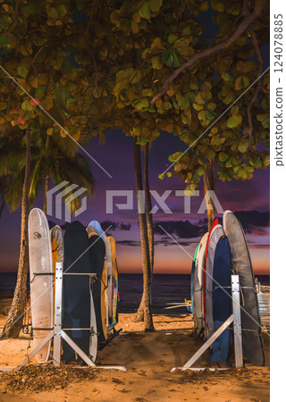 Surfboards rest on racks beneath tropical trees, framed by palm trees. A vibrant sunset with purple, orange, and pink hues lights the ocean and beach. Surfboards rest on racks beneath tropical trees, framed by palm trees. A vibrant sunset with purple, orange, and pink hues lights the ocean and beach. 124078885