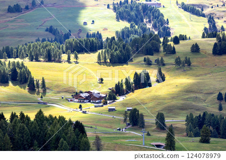 Alpe di Siusi Seiser Alm panoramic view Alpe di Siusi Seiser Alm panoramic view 124078979