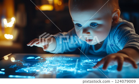A toddler engages in online learning using futuristic technology, interacting with advanced digital interfaces. The concept of early childhood education, innovation, and the future of learning. 124079009