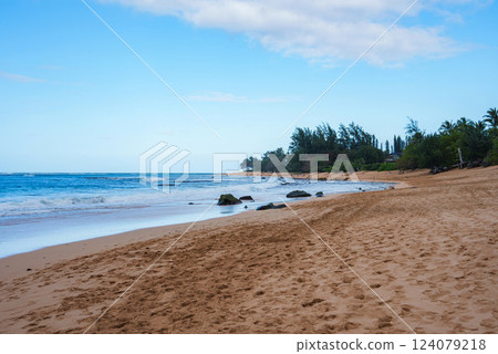 A tranquil beach with golden sand, scattered footprints, and calm blue waves. Large rocks and lush greenery line the shoreline under a clear sky. A tranquil beach with golden sand, scattered footprints, and calm blue waves. Large rocks and lush greenery line the shoreline under a clear sky. 124079218