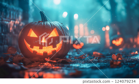 Spooky Halloween night with illuminated jack-o'-lanterns on a foggy street decorated with autumn leaves 124079234