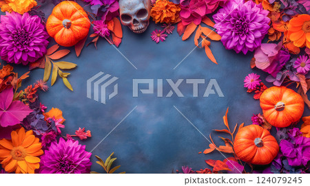 Colorful autumn arrangement with pumpkins and vibrant flowers for seasonal decoration 124079245