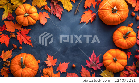 Vibrant autumn display with pumpkins and colorful leaves creating a seasonal atmosphere in a cozy setting 124079281
