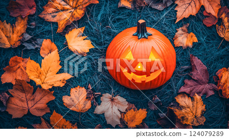 Brightly lit pumpkin surrounded by autumn leaves in a festive Halloween setting 124079289