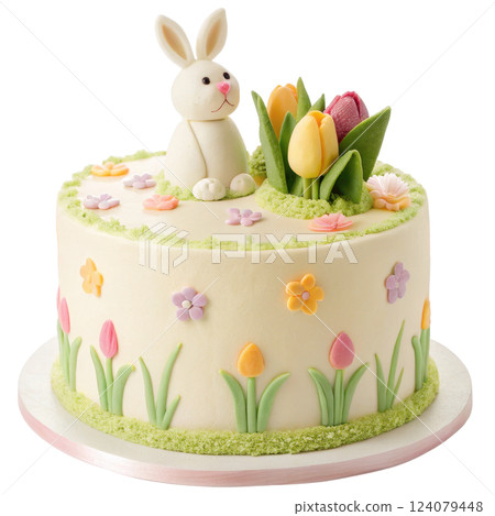 Delightful Easter Cake with Bunny and Tulip Flower for Festive Spring Holiday Delightful Easter Cake with Bunny and Tulip Flower for Festive Spring Holiday 124079448
