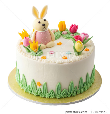 Delightful Easter Cake with Rabbit Decor Pastel Flowers and Buttercream Icing Delightful Easter Cake with Rabbit Decor Pastel Flowers and Buttercream Icing 124079449
