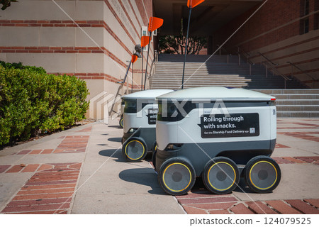 Two autonomous delivery robots with flags are on a paved walkway at UCLA. The scene includes brick and stone architecture and steps leading to a building. 124079525