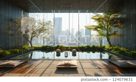 A modern urban sanctuary for ultimate relaxation, featuring serene meditation spaces and stunning city views. 124079631