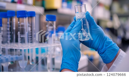Blue-gloved hands holding a bubbling solution in a graduated cylinder amid lab equipment and chemicals. 124079666