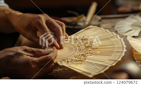 A skilled Spanish artisan crafts a delicate balsa wood fan with intricate floral patterns, showcasing art. 124079672