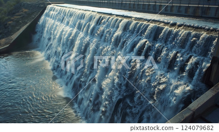A stunning urban waterfall, blending natural beauty with the city's innovative water reclamation system. 124079682