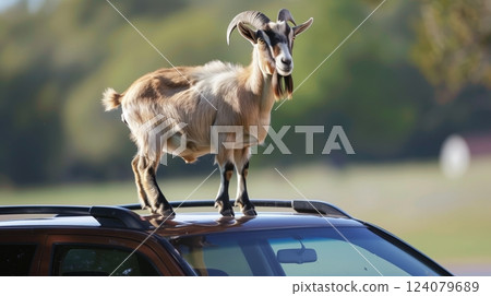 A majestic goat stands atop a car, its silhouette striking against a bright, blue sky. Captivating scene. 124079689