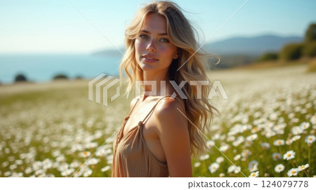 portrait of a beautiful young girl in a chamomile field 124079778
