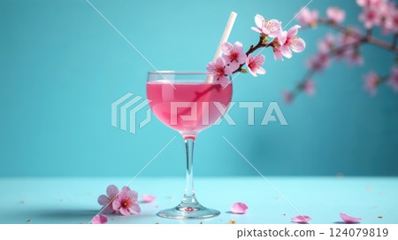 wine glass with branch of cherry blossom on blue background 124079819