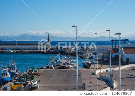 Numerous fishing boats dock along a pier in a sunny coastal town. A lighthouse stands on the breakwater, with mountains visible on the horizon. 124079867