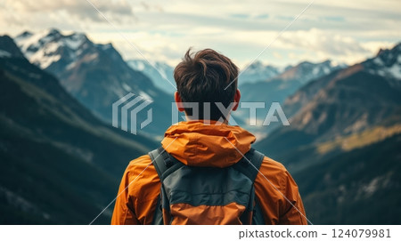A lone hiker stands on a grassy ridge 124079981