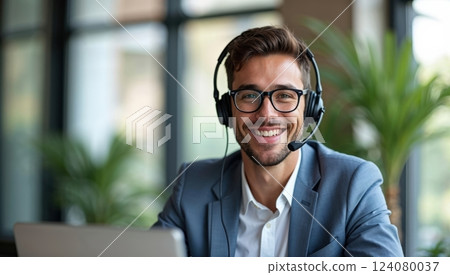 a man with headset in virtual meeting 124080037
