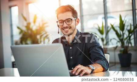 a man with headset in virtual meeting 124080038