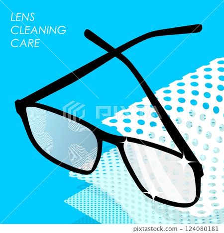 Isometric medical glasses with lenses fingers stained and cleaned by special microfiber cloth for pharmacological accessories care. 3D vector medical concept on blue background 124080181