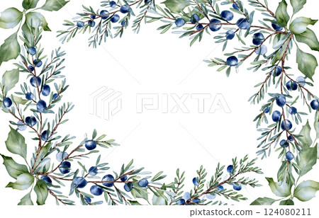 Leaves sage green tones and juniper branches watercolor border isolated on white. Hand drawn botanical greenery frame for wedding invitations, packaging. Soft dusty green foliage greeting card design. 124080211