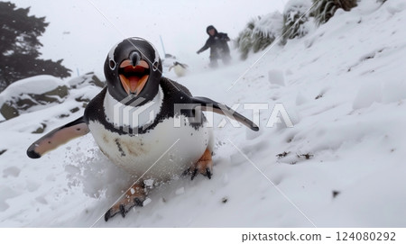A penguin joyfully slides down a snowy slope, grinning, while a human struggles and slips behind. 124080292