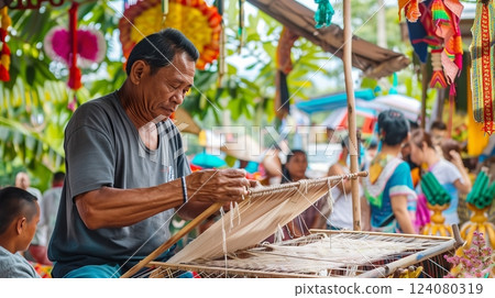 A man demonstrates ancient weaving at a cultural festival, drawing applause from curious onlookers. 124080319