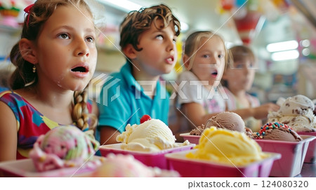 In a vibrant ice cream parlor, excited children eagerly choose favorite flavors and create personalized treats. 124080320