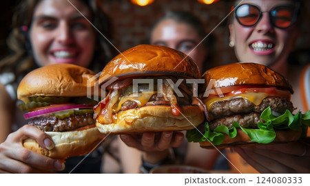An artisanal burger joint is perfect for a fun night with friends, massive burgers, laughter, and good times. 124080333