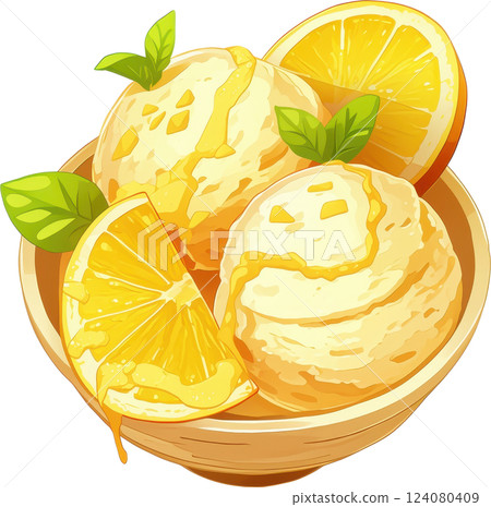 Delightful Kawaii Style Lemon Ice Cream Scoops with Fresh Citrus Slices in a Wooden Bowl Delightful Kawaii Style Lemon Ice Cream Scoops with Fresh Citrus Slices in a Wooden Bowl 124080409